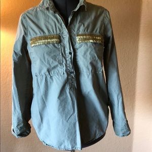 J Crew Olive Green Blouse with Gold Sequins